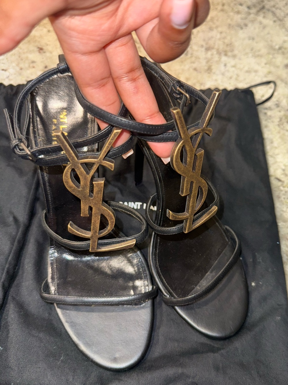 Saint Laurent Black Leather Cassandra Monogram Sandals with Bronze Logo